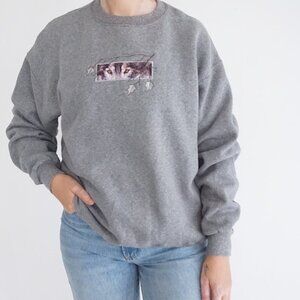 Vintage Artisans Wolf Eyes Embroidery Sweatshirt Gray Wildlife Graphic Sweater L
